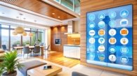 Modern living room interior with smart home control panel.