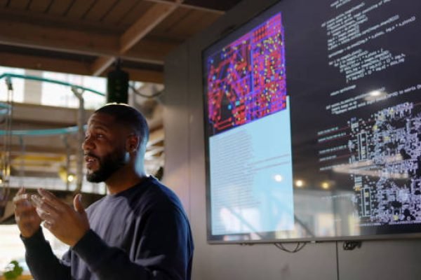 Close up stock photograph of a black man conducting a seminar on Python computer coding in an open plan work arena.